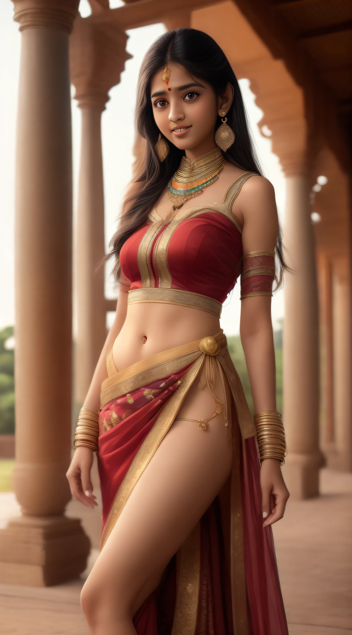 "Best quality, masterpiece, ultra high res, (photorealistic:1.4), anime girl, shoulder, charming, full body, slim legs, wearing Indian dress, looking at the camera."