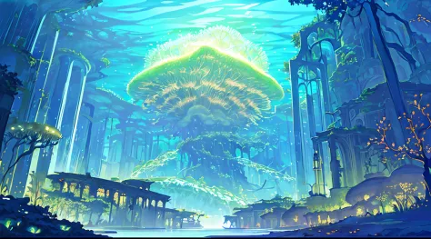 Masterpiece, High Quality, Ocean Forest, City, Fantastic Fantasy, Glowing Plants, Coral Viaduct, (Swarm of Glowing Jellyfish), (...