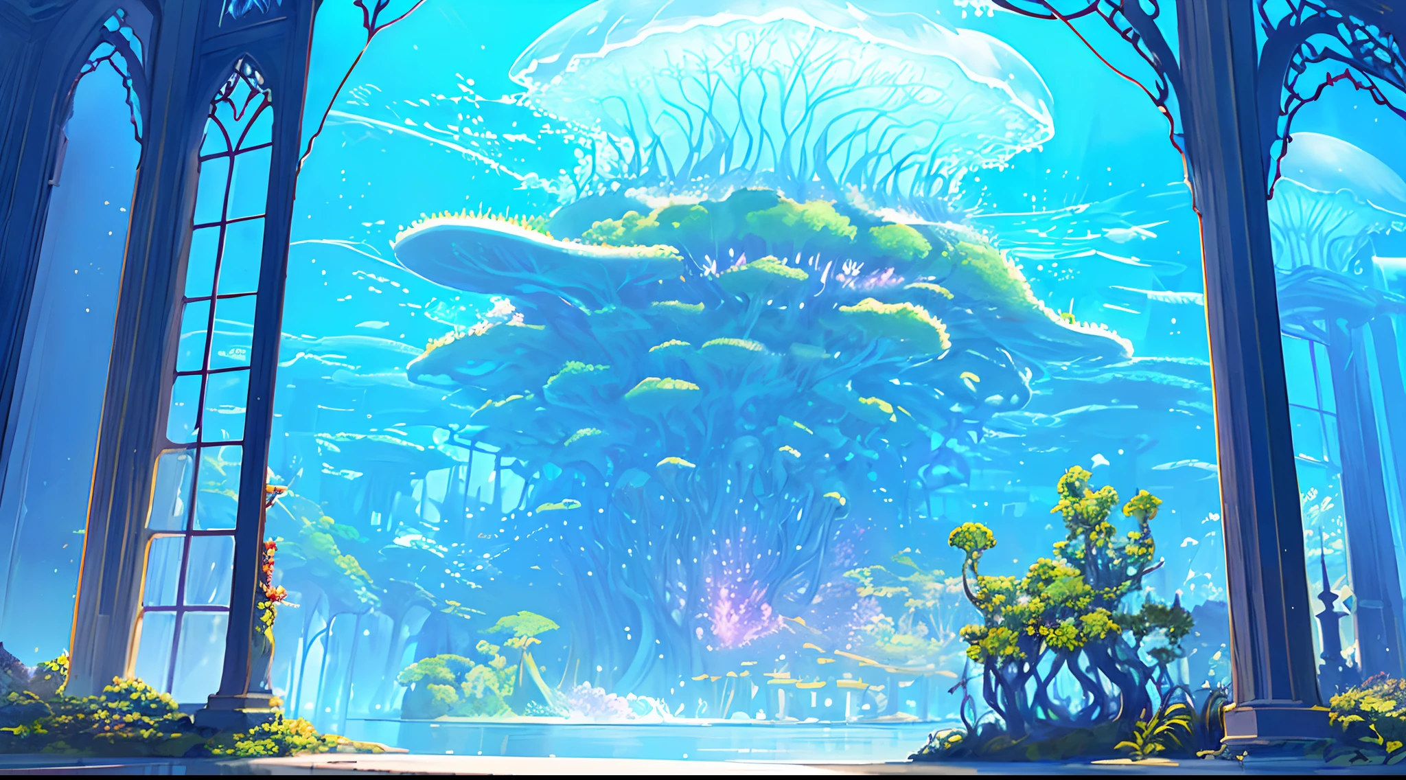 Masterpiece, High Quality, Ocean Forest, City, Fantastic Fantasy, Glowing Plants, Coral Viaduct, (Swarm of Glowing Jellyfish), (Shoal of Fish with Transparent Wings Flying in the Sky), Misty, Extreme Detail, Morning Light, Epic Composition, (Intricate Detail), (Intricate Design, Ultra Detail: 1.2), Art Station, (Masterpiece, Best Quality), Ultra HD, 32k ,castle,1girl --v 6