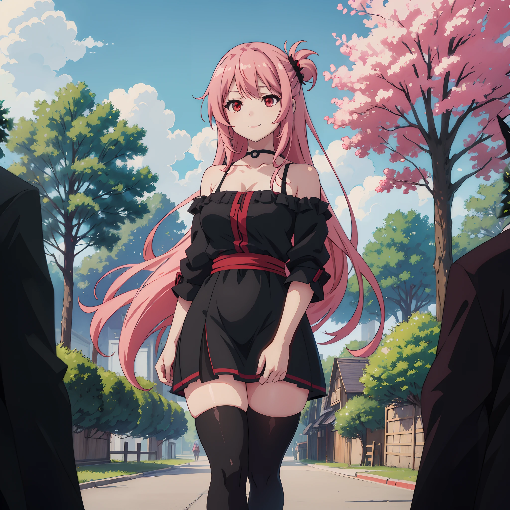 vibrant colors, girl, masterpiece, sharp focus, best quality, depth of field, cinematic lighting, (anime screencap:1.4), red eyes, pink hair, smile, very long hair, thick thighs, outdoors, black legwear, town, trees, clouds, foliage, red and black dress