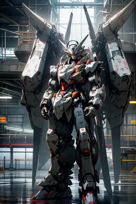 a big silver color robot suite, gundam-like, looks like made of f22 raptor, glowing ayes, standing in a hangar, a person stading infront of it