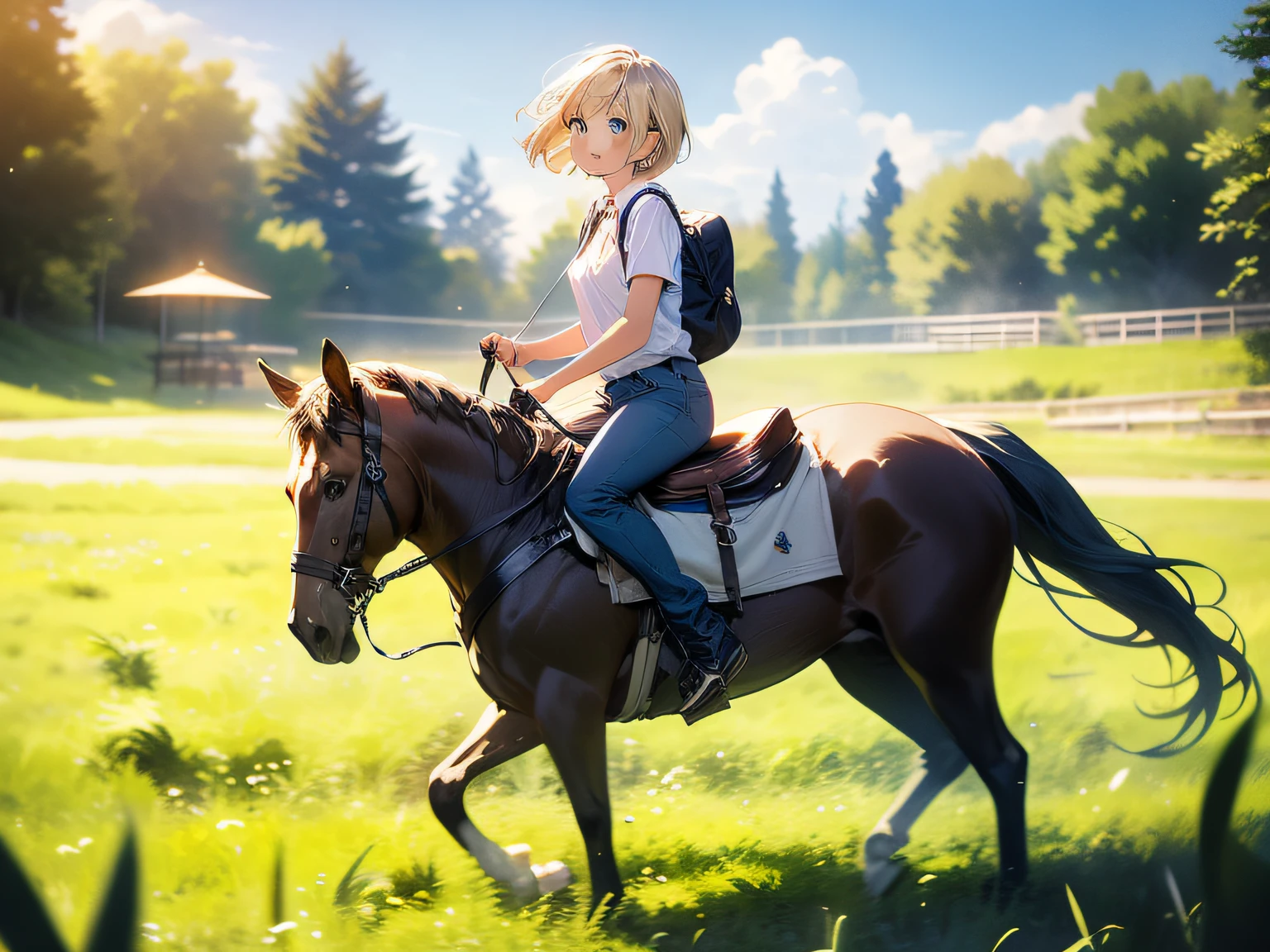 in 8K、top-quality、​masterpiece、ultra-detailliert、Ultra-high resolution、((1 persons))、girl with、grass field、a blond、a short bob、ride on the horse