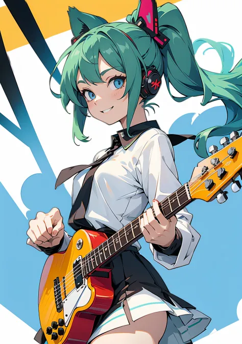 ((masutepiece, best quality))1girl in, solo, black dress, blue eyes, ((electric guitars)), headphones, double ponytails, holding...