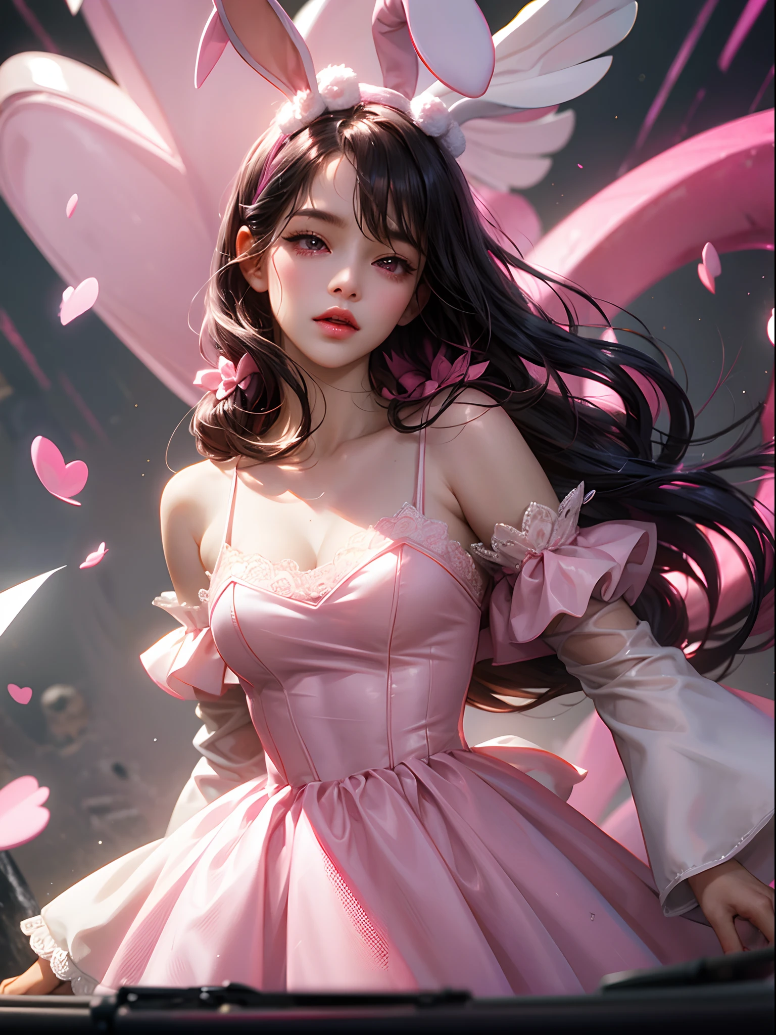 a women, pink bunny ears, black hair, pink eyes, pink dress