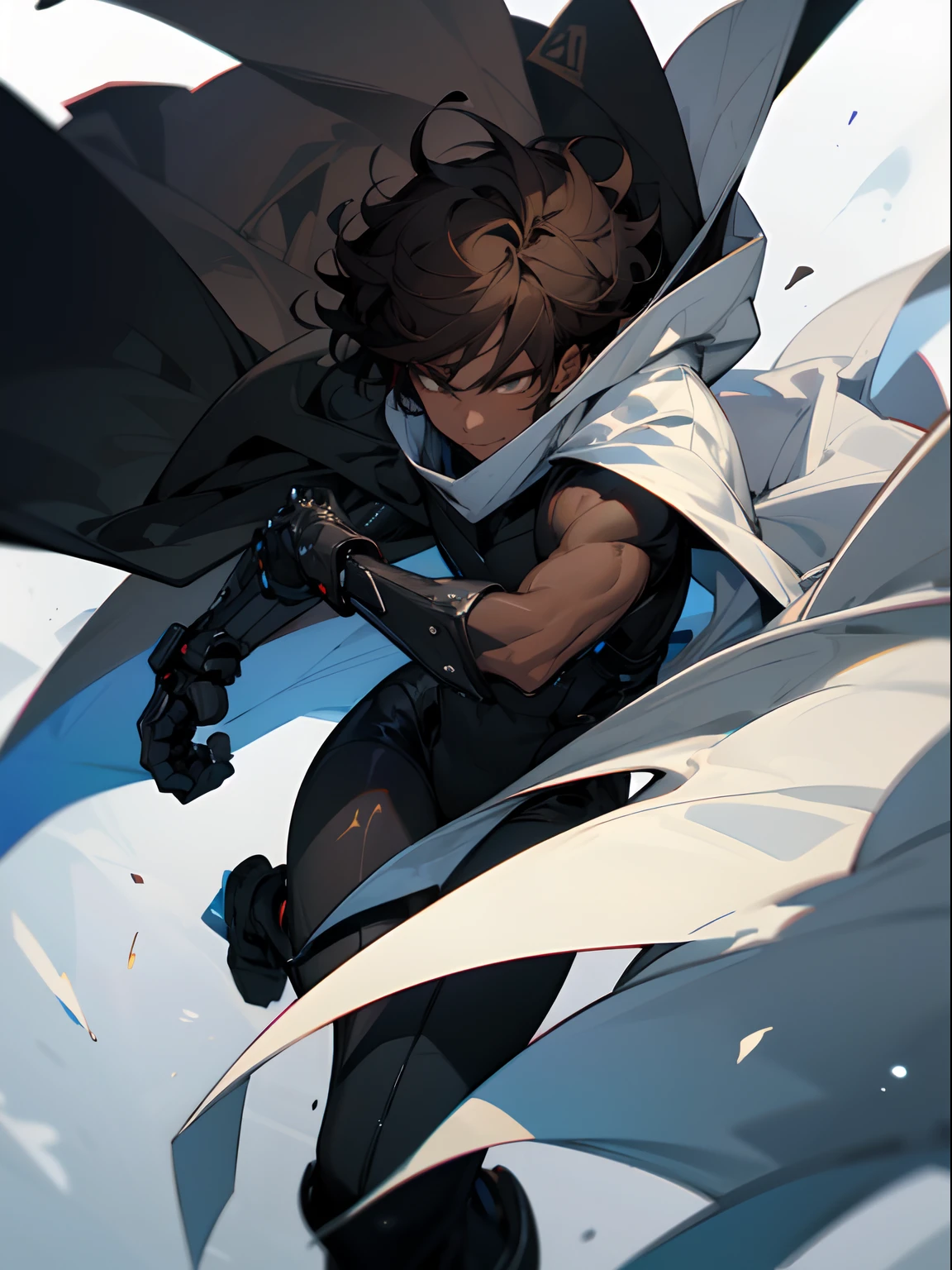 Masterpiece, highres, High quality, Dark skin teen, male, slightly buff, medium dark brown hair hair, big innocent eye's, wearing a black full bodysuit, black baggy mechanical lrggings attachment, six white long torn scarf, hooded white cloaks, black big Gauntlets, dramatic sho, intensive, cool, badass, close up