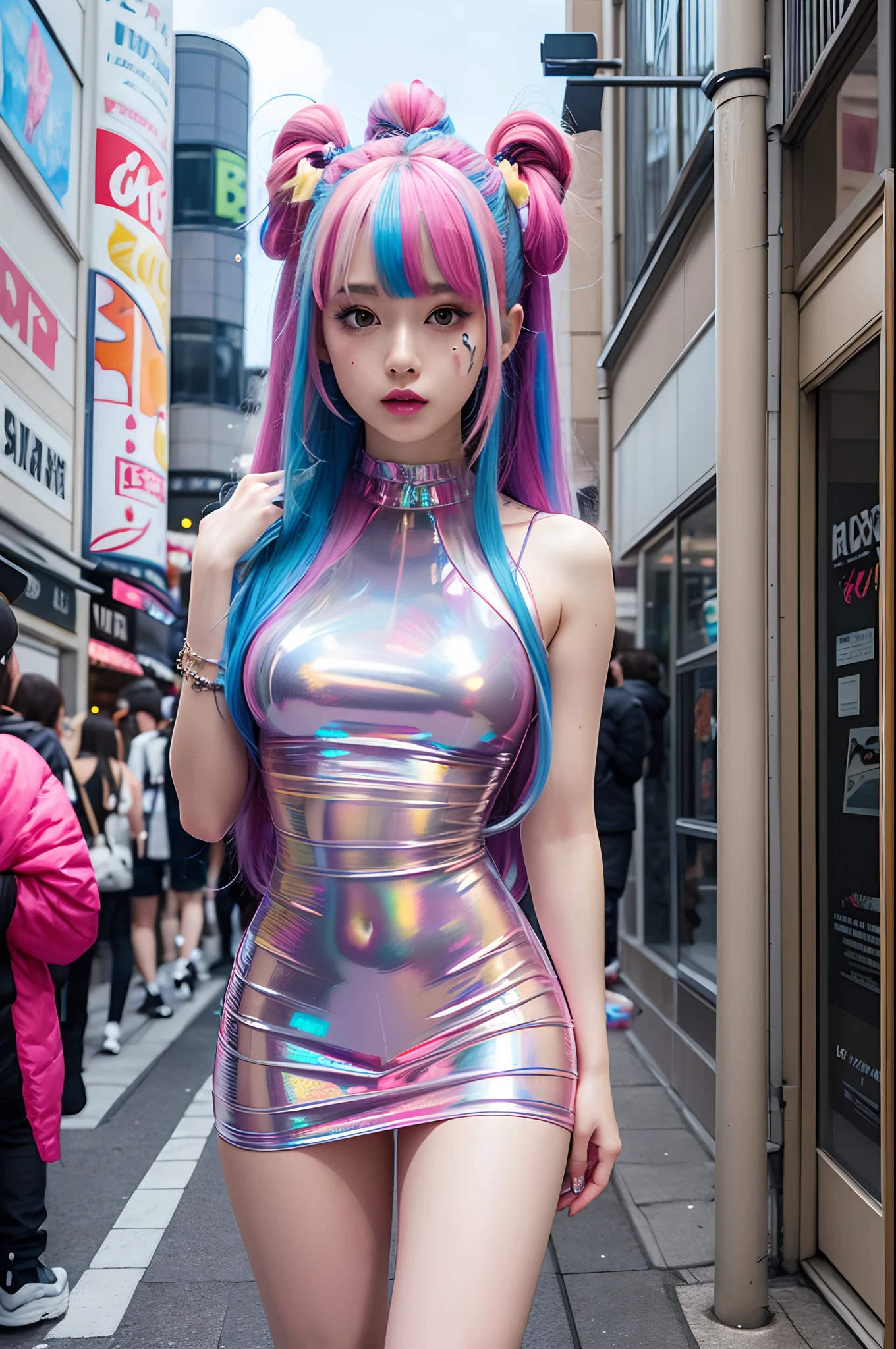 vestido de pvc de cor transparente, Roupas de vinil de cor transparente, prisma, Holográfico, aberração cromática, ilustração de moda, mesa, Meninas na moda Harajuku, olhando para o espectador, 8K, ultra-detalhado, PIXIV