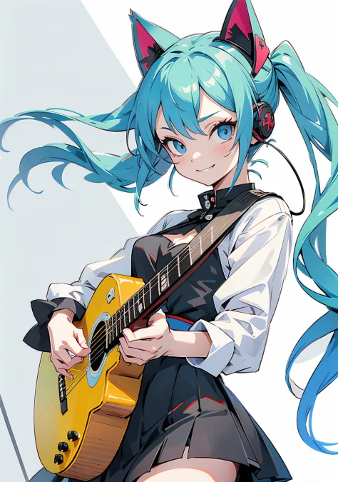 ((masutepiece, Best Quality))1girl in, Solo, Black Dress, Blue eyes, (electric guitars), headphones, double ponytails, Holding, ...