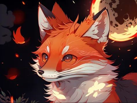 Best quality, 8K, A red fox，There are red flames on the body parts，Lying on the moon, Cloud scenarios, Red Moon, nine tail fox