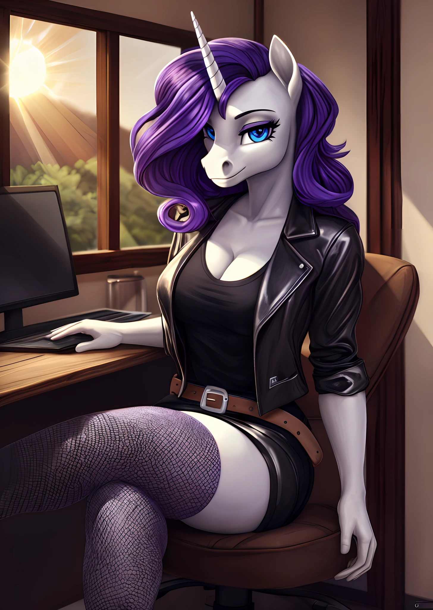 A cartoon picture of a woman in a leather jacket sitting at a desk
