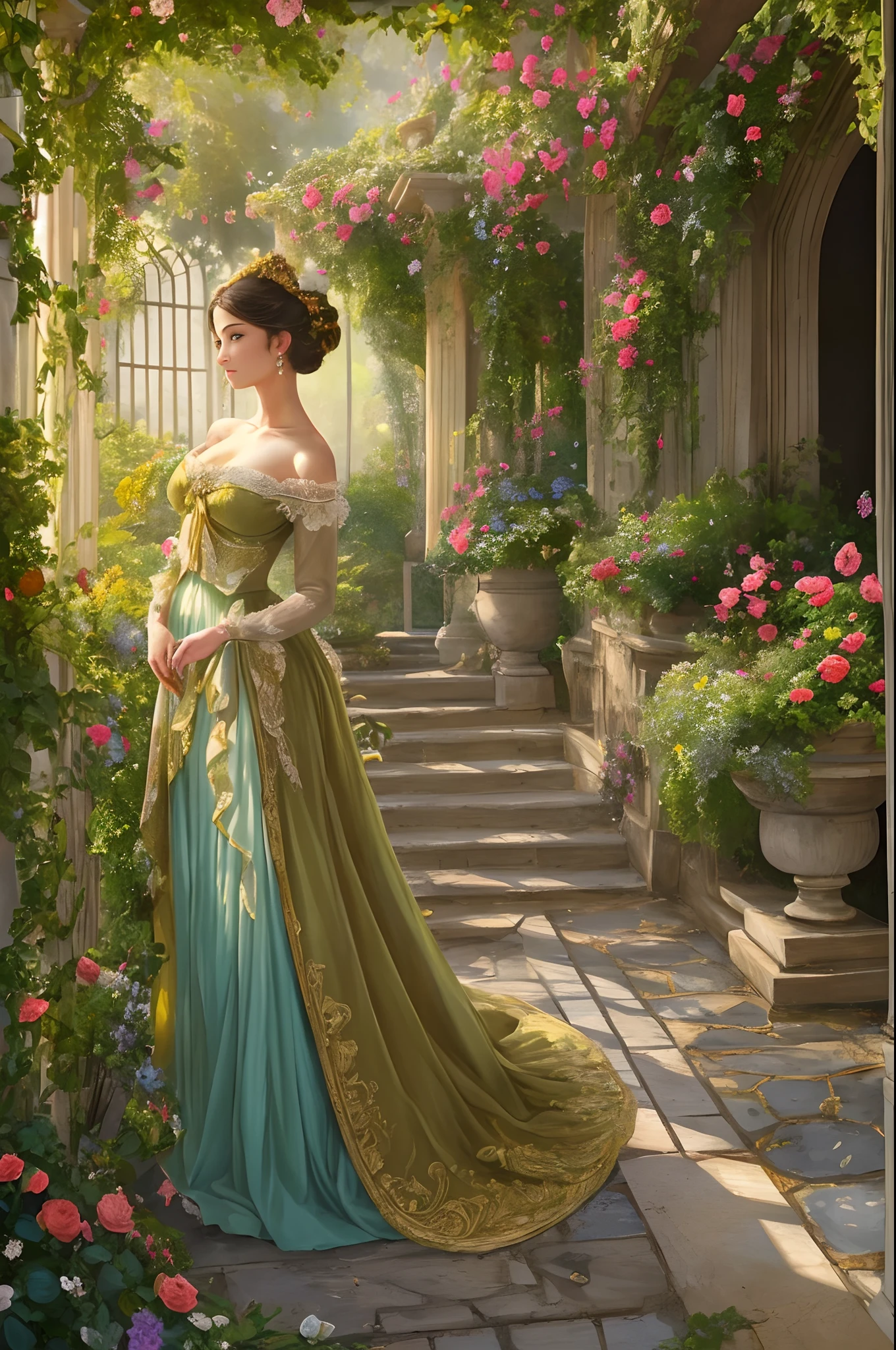 A captivating scene of a stunningly beautiful lady  with undress  standing in the midst of a lush garden bathed in the warm, golden rays of the setting sun. The mood should exude romance and allure, with the lace intricately detailed and the garden's flora rendered with precision. Drawing inspiration from the works of Francois Boucher and the Rococo era, aim to create a painting that evokes the essence of timeless beauty. Theimage should be highly detailed and focused, ideal for a digital illustration --auto --s2