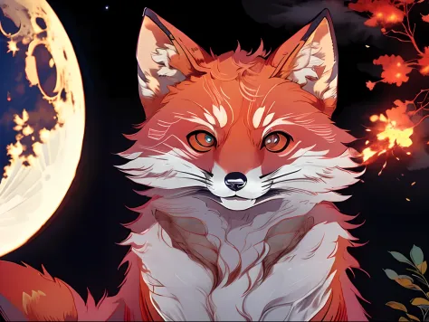 best quality, 8k, a red fox，there are red flames on the body parts，lying on the moon, cloud scenarios, red moon, nine tail fox