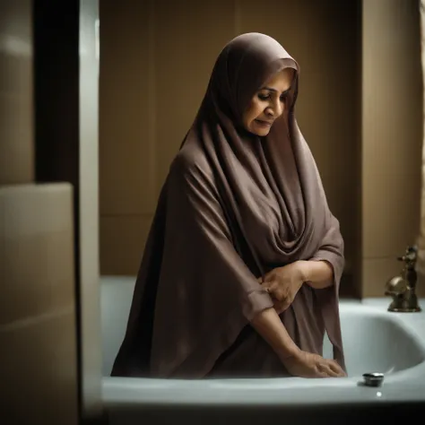 Araffe woman in a hijab sitting on a toilet in a bathroom - SeaArt AI