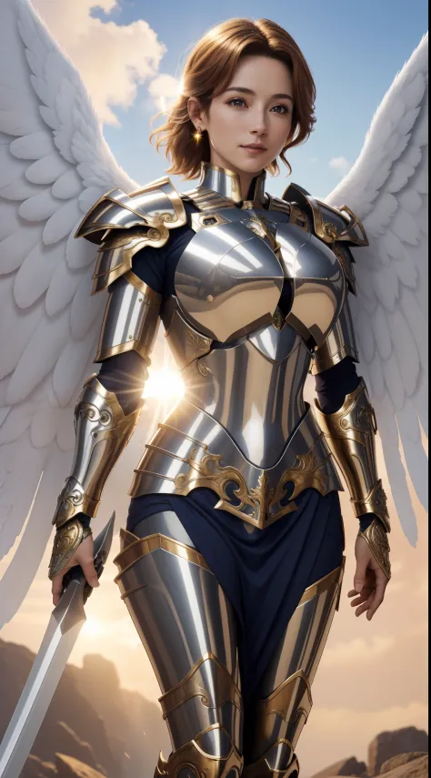 1girl, solo, mature woman, facing the viewer, (masterpiece, 8k, ultra definition), divine warrior, angel wings, halo, cloth and metal armor, breastplate, ornate details, sun behind her, divine descent