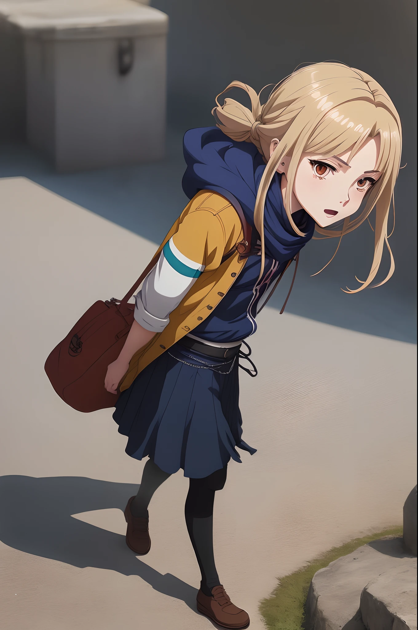 Anime girl with blonde hair and blue jacket carrying a brown bag - SeaArt AI