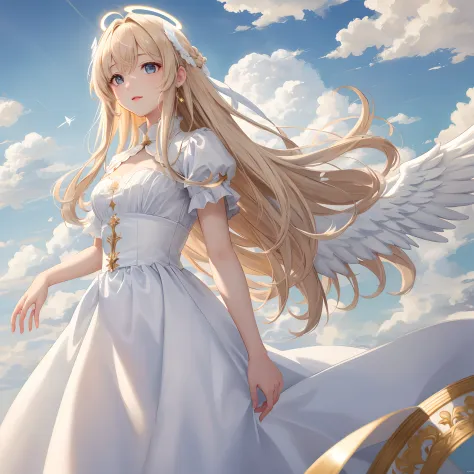 masterpiece, very high quality,angel, light, (clouds:1.3), flying in the sky, white angel wings, halo, blande hair, golden coloring