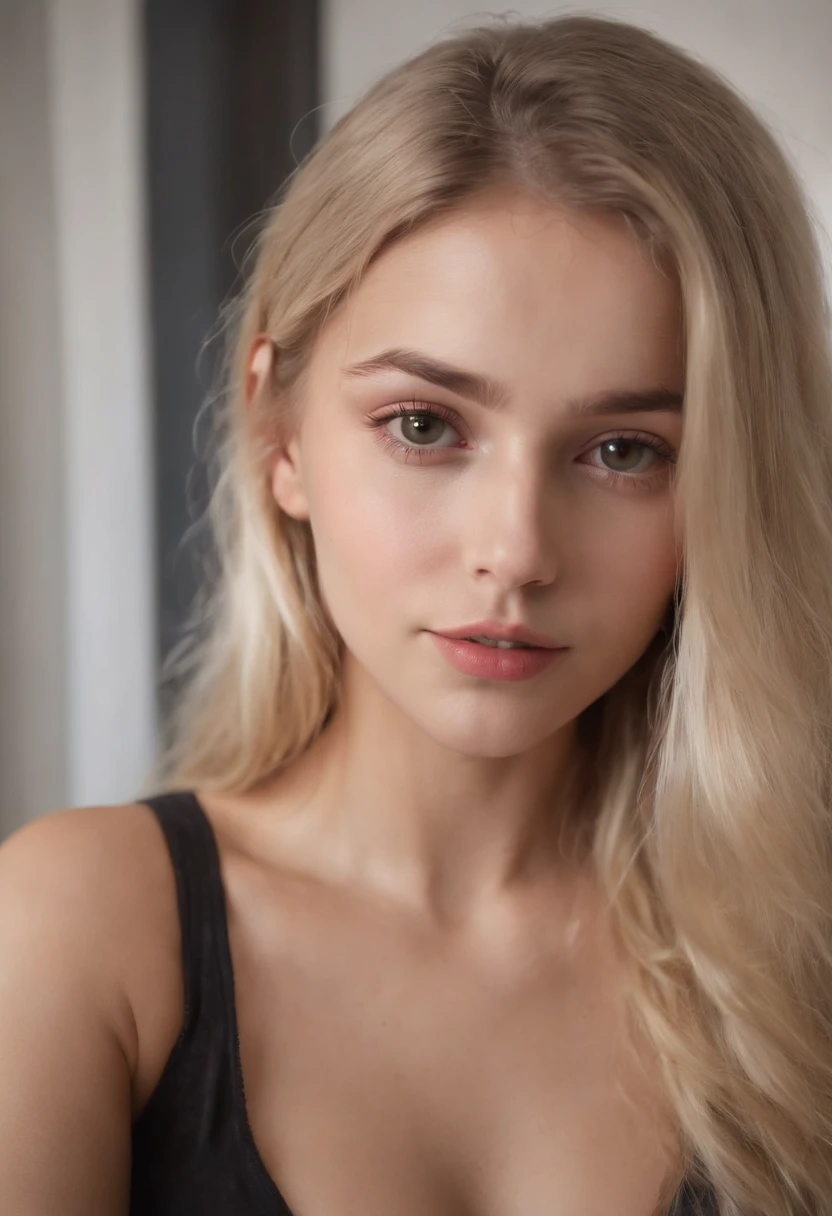 A close up of a woman with long blonde hair and a black top - SeaArt AI