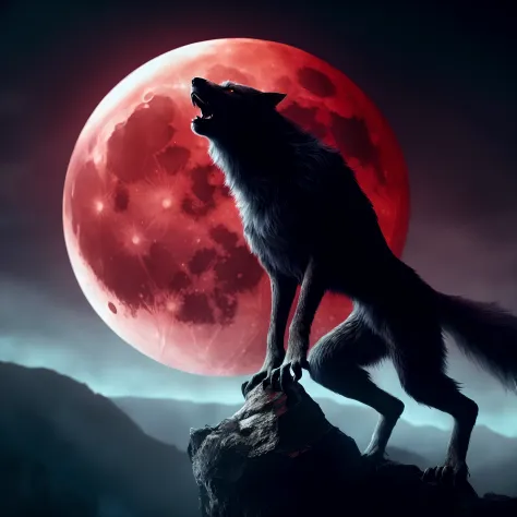 wolf howling at the moon with red moon in the background, howling at the moon, the wolf howls at the moon, red moon, during a blood moon, wolf howling at full moon, full red moon, blood moon, full blood moon, blood red moon, howling, blood moon background,...