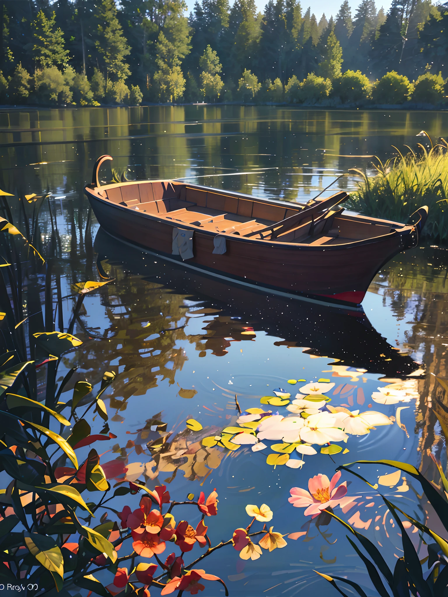 Wallpaper, summer pond, pond, boat, afternoon sun, reeds, pond background, depth of field, hot weather, HD detail, wet watermark, hyperdetail, realistic photo, 16k, surrealism, soft light, deep field focus bokeh, ray tracing, diffuse (ultra-fine glass reflection) and surrealism. --v6