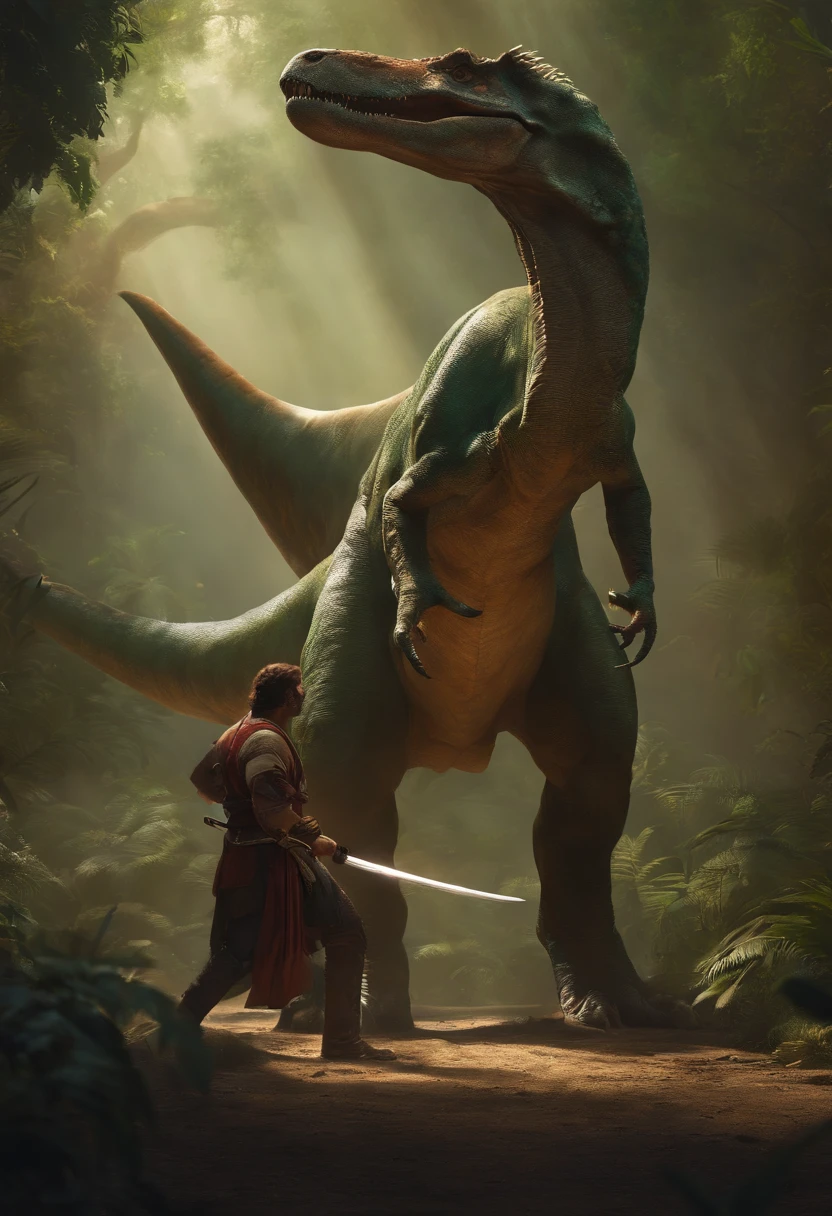 A dinosaur holding a katana in one hand looking at a man