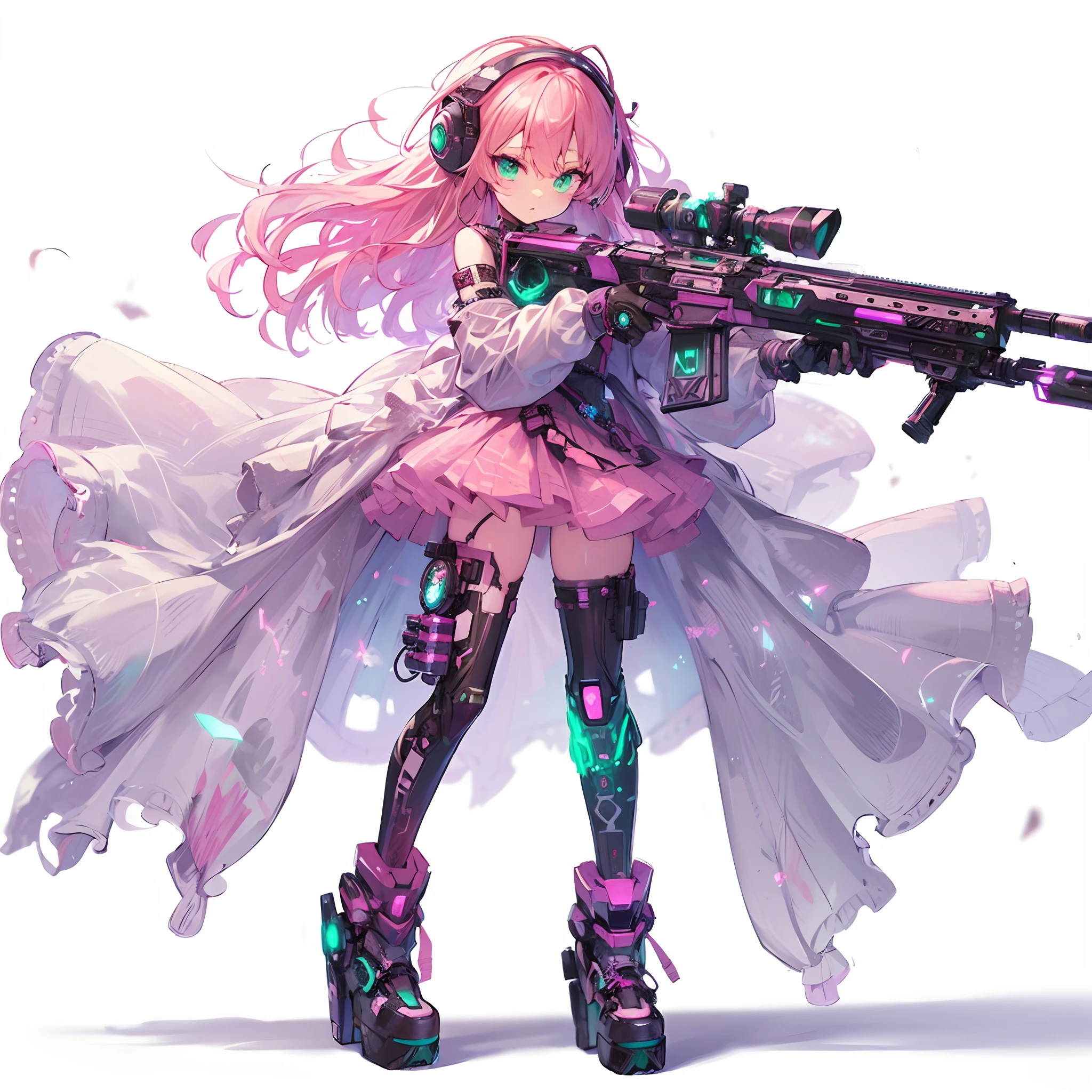 (Masterpiece, best quality), ultra-detailed, anime style, Full body, cyber punk girl, hold on high-tech Rifle, pink hair, glowing green eye, wearing magical girl outfit , 8k high resolution, trending art station, white background, standing on wasteland, whole body,