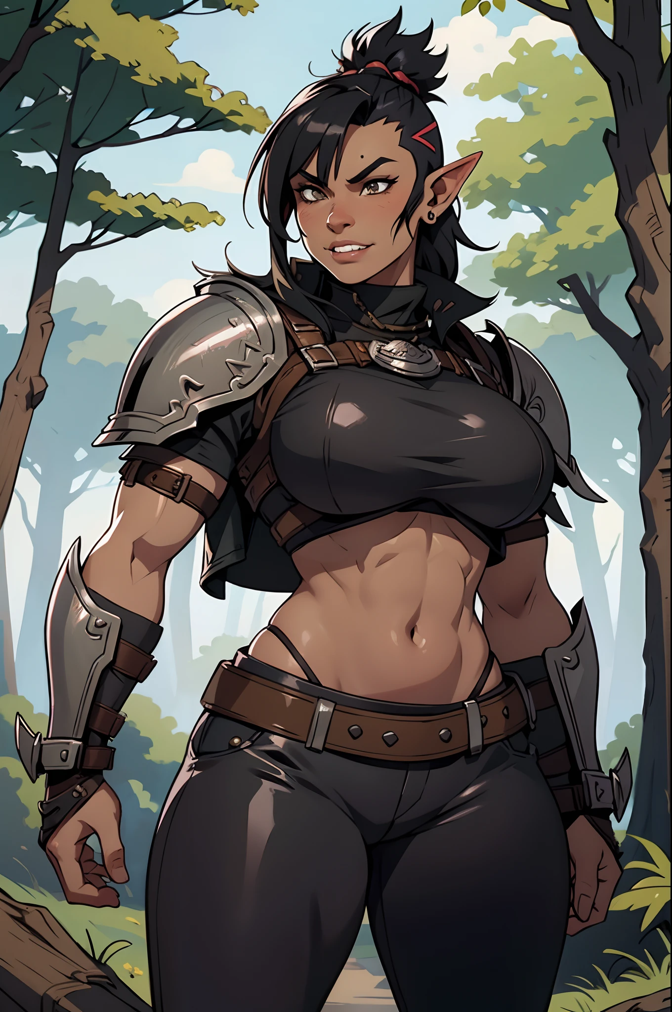 Solo, orc, girl, standing, black hair, muscular, tusks, mohawk, underbite, forest, underboob, teeth, armor, chestpiece, knight, thick lips, smirking, leather trousers