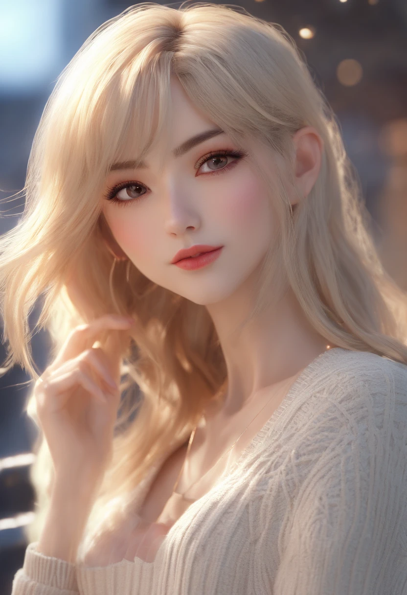 ((Best quality, 8k, Masterpiece, Sharp focus, 35mm lens, f/0.8, amazing beautiful perfect figure :1.4)), side lighting, ((natural medium breasts )), (white shoulder knit sweater:1.2), (street background:1.2),necklace, Highly detailed face and skin texture:1.2, Detailed black eyes:1.2, super detailed skin, shiny skin:1.2, Blushing , beautiful detailed makeup:1.2, high-fidelity bangs, brilliant light blonde long random hairstyle, from below, looking at viewer