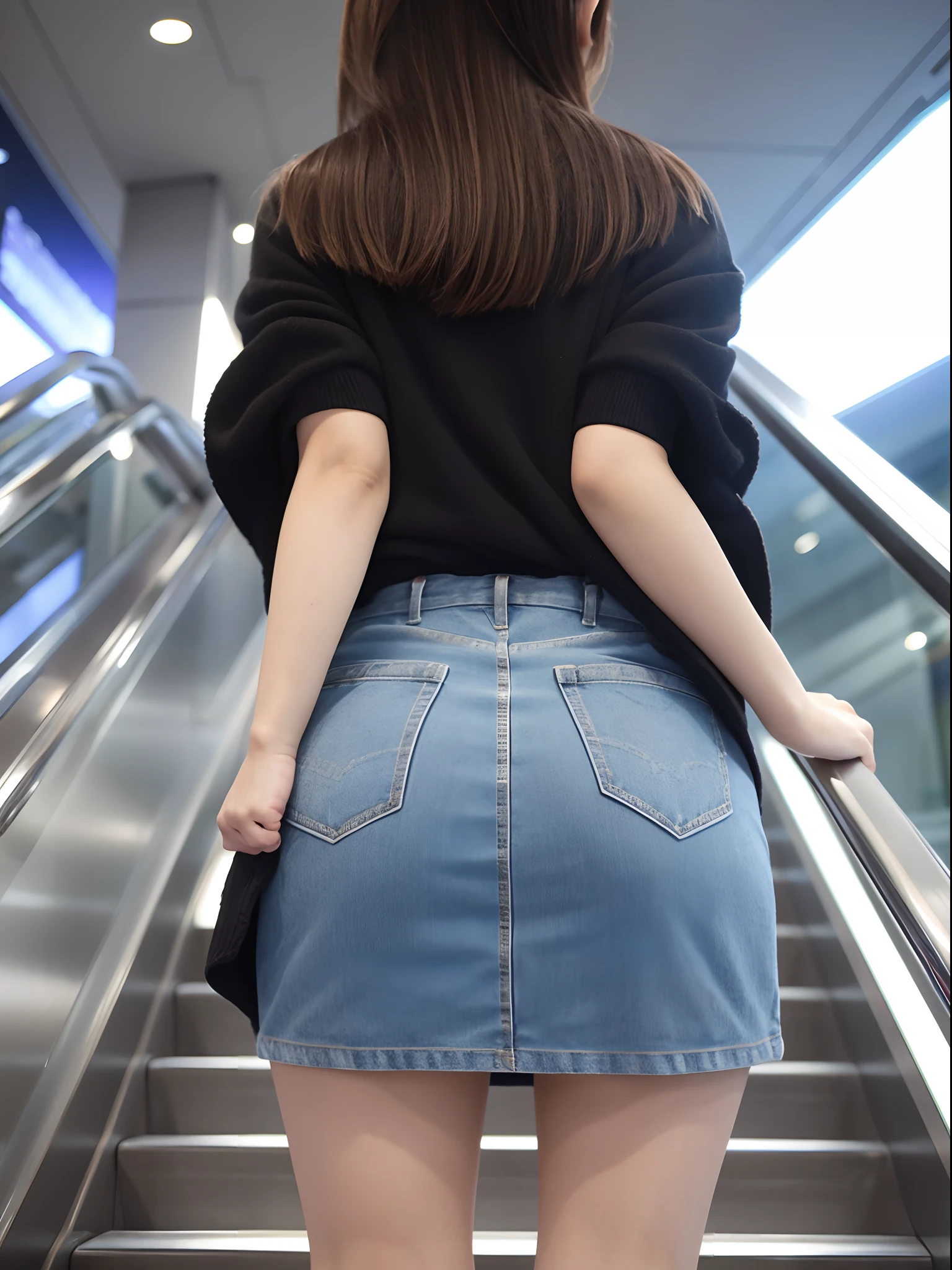 Arafed woman in a skirt is standing on an escalator - SeaArt AI