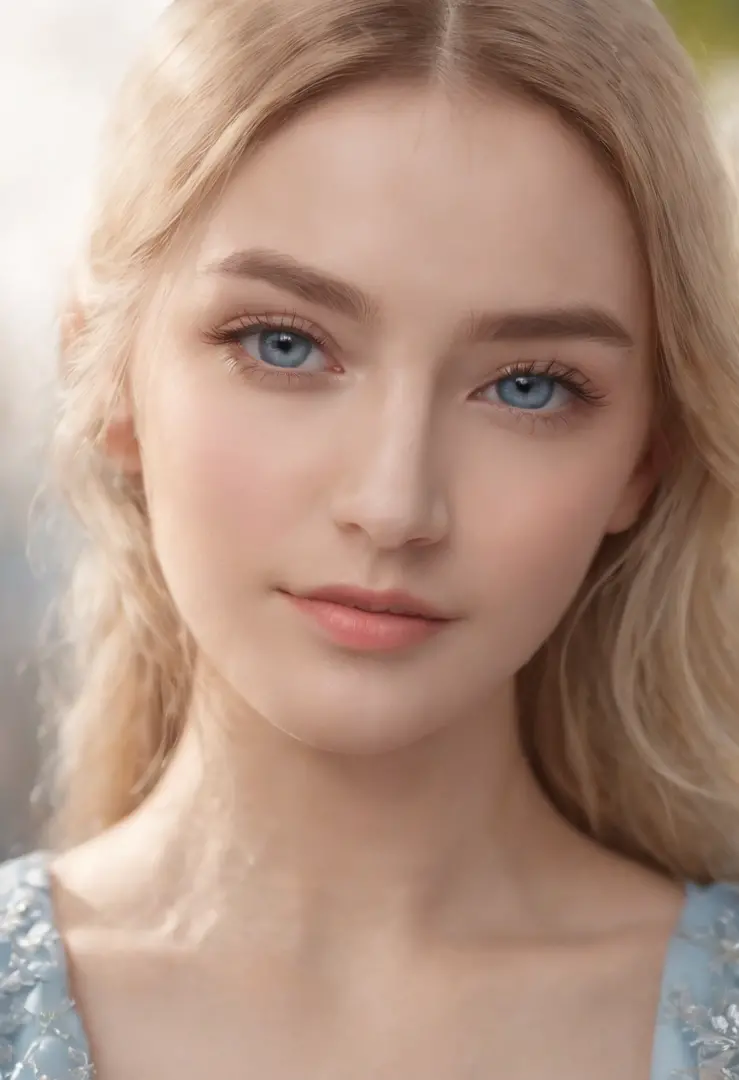 Ultra photo realsisim，Light blue thin long dress，poster for，Hyper-realistic，Hyper Real，Gaze at an 18-year-old girl in the distance，Blonde hair，Sapphire eyes，Delicate facial features1.3，Delicate fingers，The eyes are hopeful，ssmile，（Sunshine 1.5）Super light ...