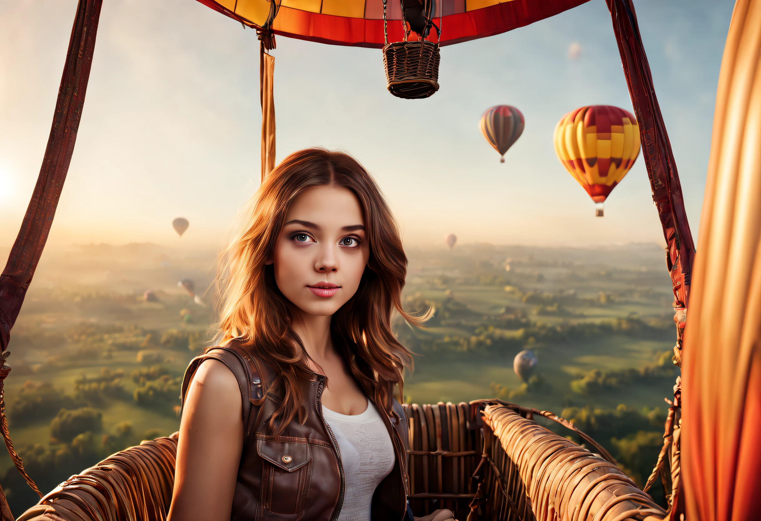 (best quality, 4k, 8k, high resolution, masterpiece: 1.2), ultra detailed, (realistic, photorealistic, photorealistic: 1.37), (a beautiful girl inside a hot air balloon: 1.32), high resolution, intricate details, lighting magical Professional photography in wide angle format to capture the entire scene.