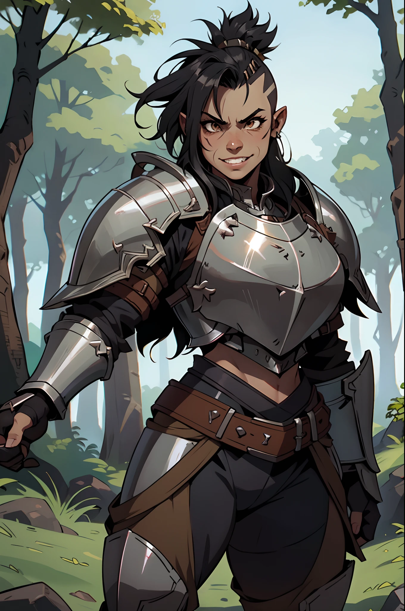 Solo, orc, girl, standing, black hair, muscular, (tusks, mohawk, underbite), forest, teeth, ((armor, chestpiece, knight)), thick lips, smirking