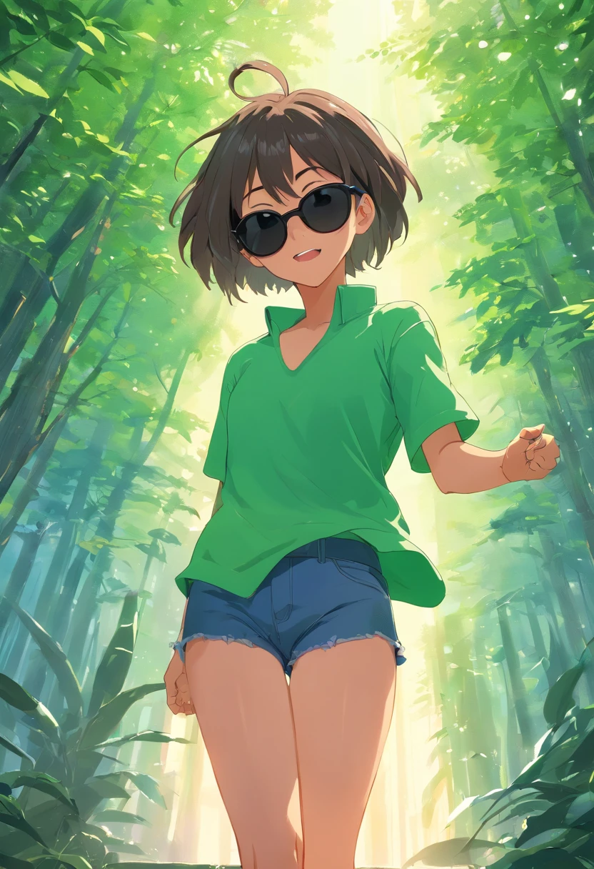 A woman in a green shirt and blue shorts walking through a forest - SeaArt  AI