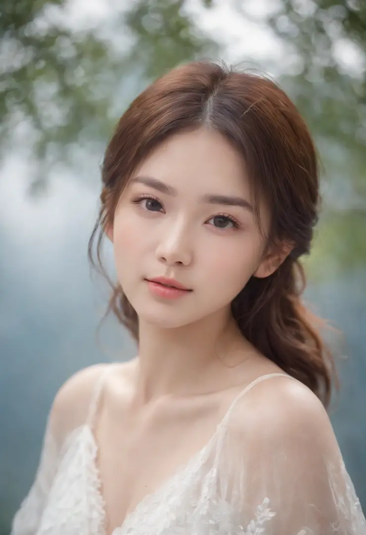 white colors,Bright tones,Front view portrait of 16 years old beautiful Japan girl style. facial close-up、huge-breasted, This image is、It captures a girl splashing water on her face with soft lighting that emphasizes her innocent and pure eyes,huge-breaste...