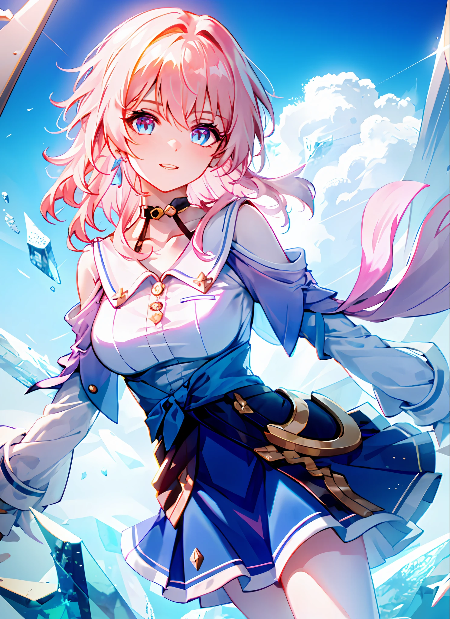 march 7th \(honkai: star rail\), 1girl, blue eyes, blue skirt, breasts, detached sleeves, earrings, ice, jewelry, long sleeves, medium breasts, medium hair, pink hair, shirt, skirt, solo, star \(symbol\), star earrings, white shirt