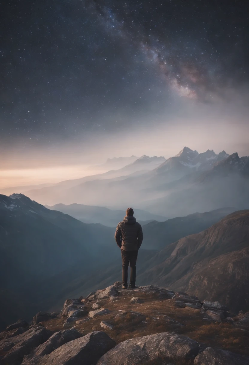 A imagem de uma pessoa parada no pico de uma montanha, olhando para o cosmos, com uma sensação de admiração e clareza.