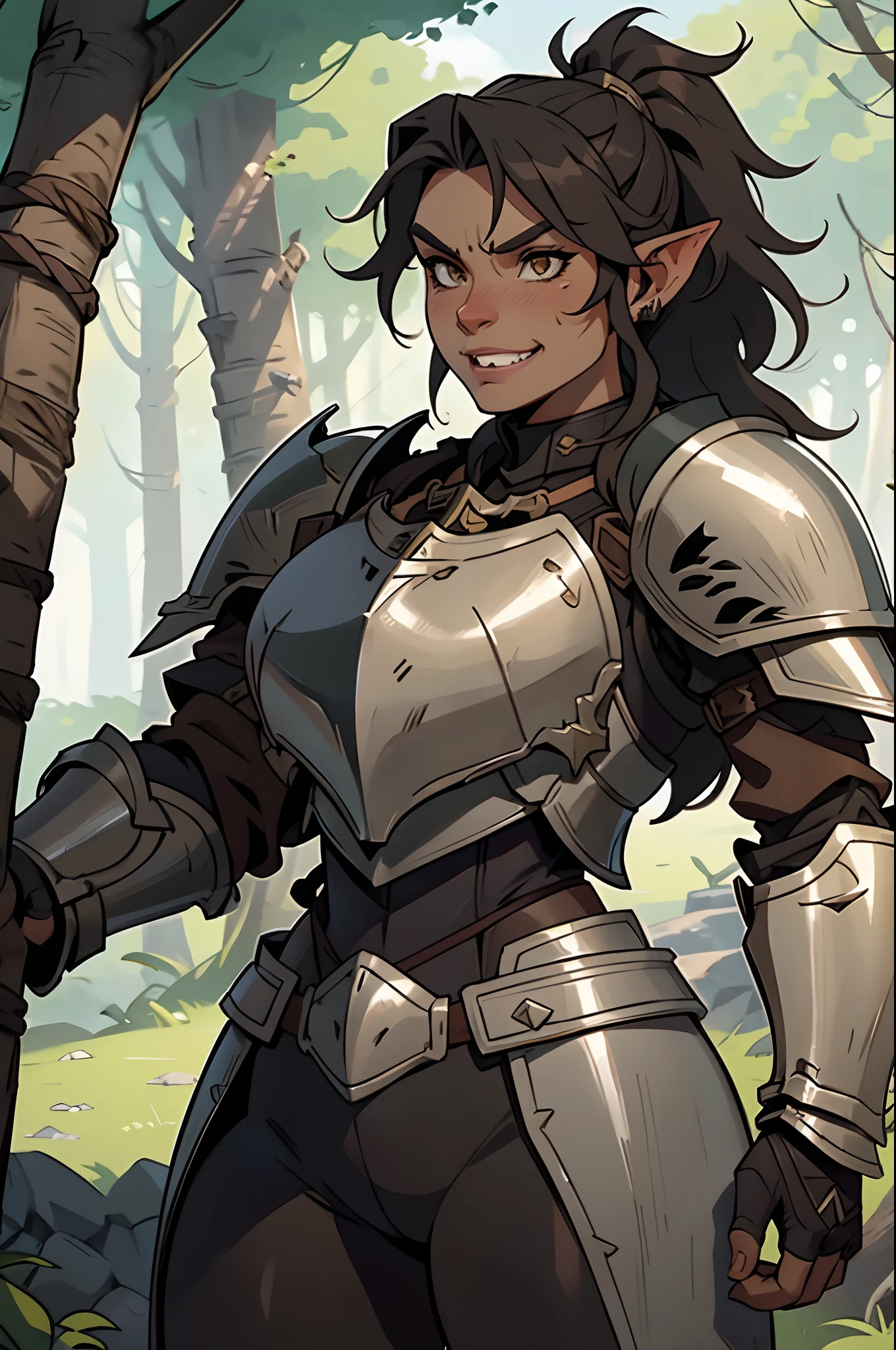 Solo, orc, girl, standing, muscular, (tusks, underbite), forest, teeth, ((armor, chestpiece, knight)), thick lips, smirking, tan skin, ponytail, messy hair, wavy hair