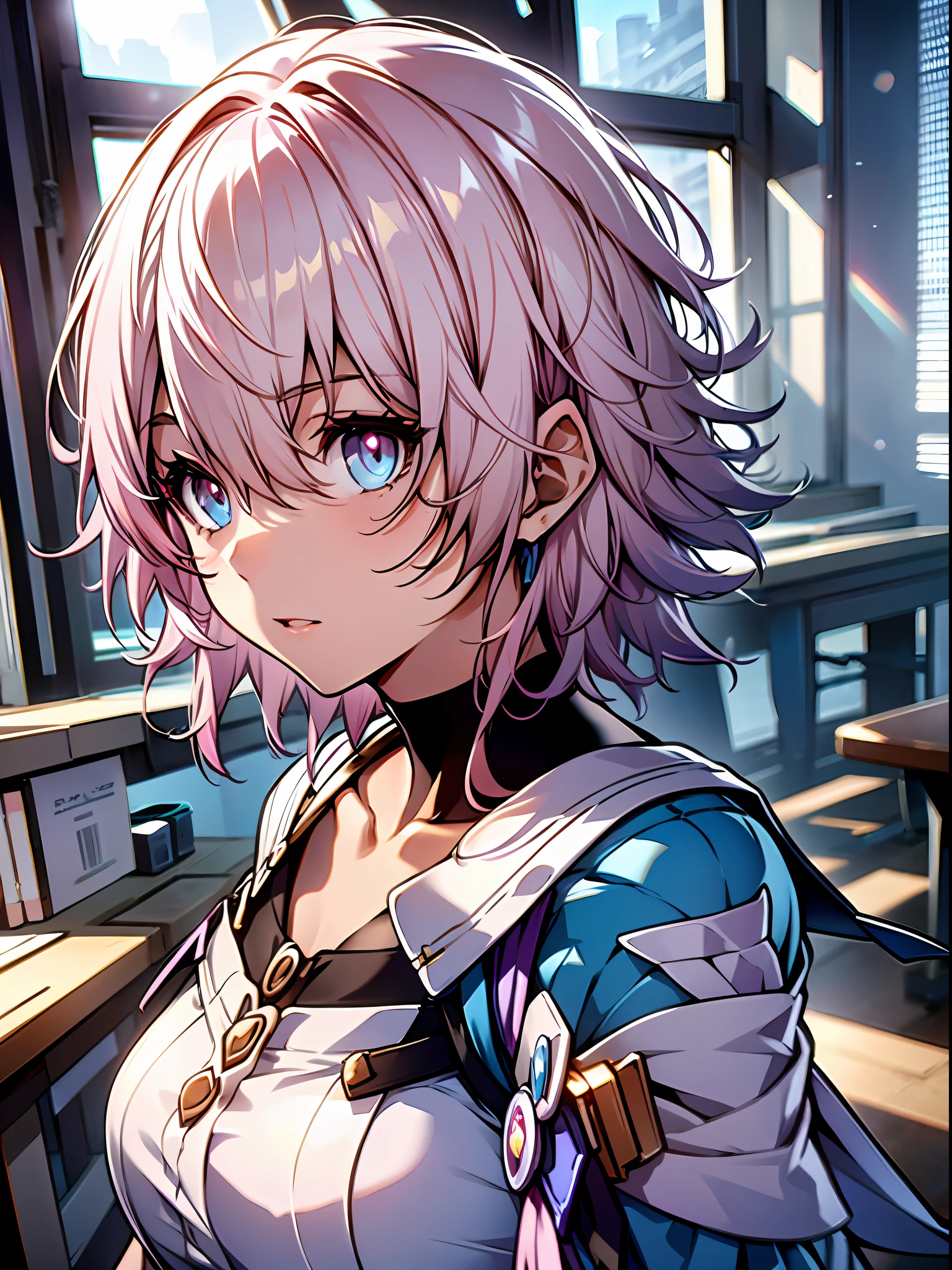 Exquisite masterpiece, best quality, illustration style, an anime girl with pink hair, short hair, classroom by the window, sunlight pouring in from the window, gentle and playful, white and blue clothing matching, powder blue gradient eyes, small, side face, wind blowing up the pages, youth and beauty, dynamic posture contains the golden section, large aperture portrait, picture white, strong contrast between light and shadow, super texture, bright tone, the picture is super clear and concise, presenting extreme beauty, elegant temperament, delicate facial expressions, background blurring