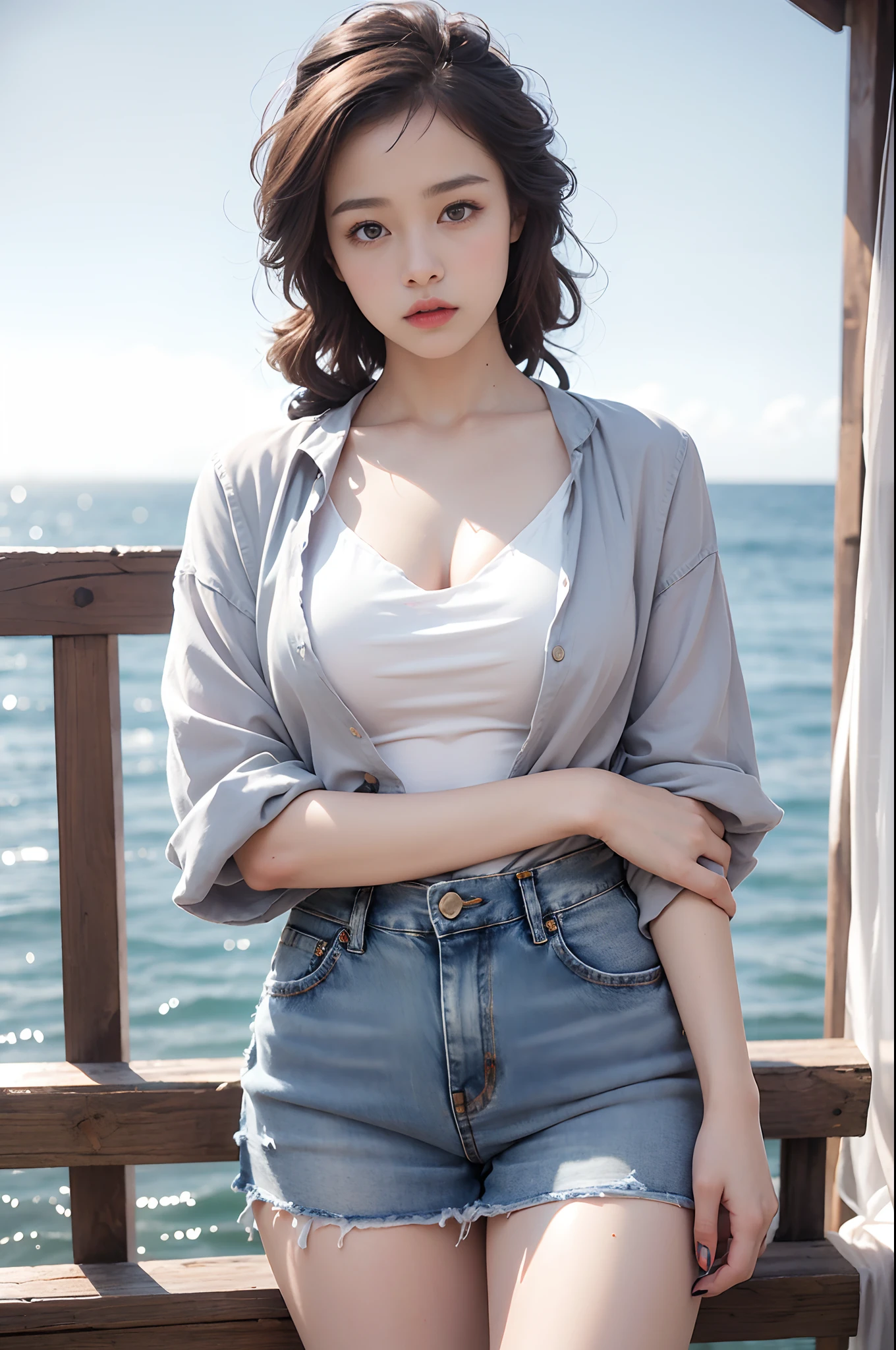 (Masterpiece, Superb work,4K resolution, ultra-realistic:1.3),Girl posing for photo in white bra and tight denim skirt，(A half body:1.2)，tee shirt，brassier，Slim body，(medium chest circumference)，Slim girl model，24 years old female model，(Have by the sea:1.3)，Soft light，Detailed background,Coordinated body proportions，(Denim skirt:1.2)，facial closeups，well detailed face，