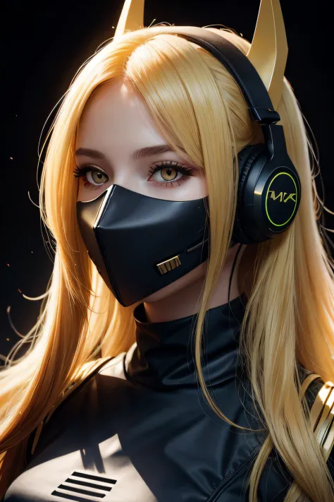 girl with long yellow hair, yellow eyes, futuristic vibes, mask on mouth, headphones, 8k, high quality, simple background, glowi...