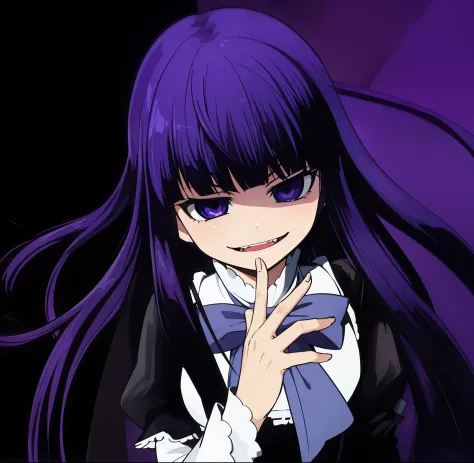 hiquality, tmasterpiece (one girls)  purple hair. insane face. open mouth with teeth. violet eyes. smirk. The hand. Dark gothic outfit. bow. On the dark background of the room.
