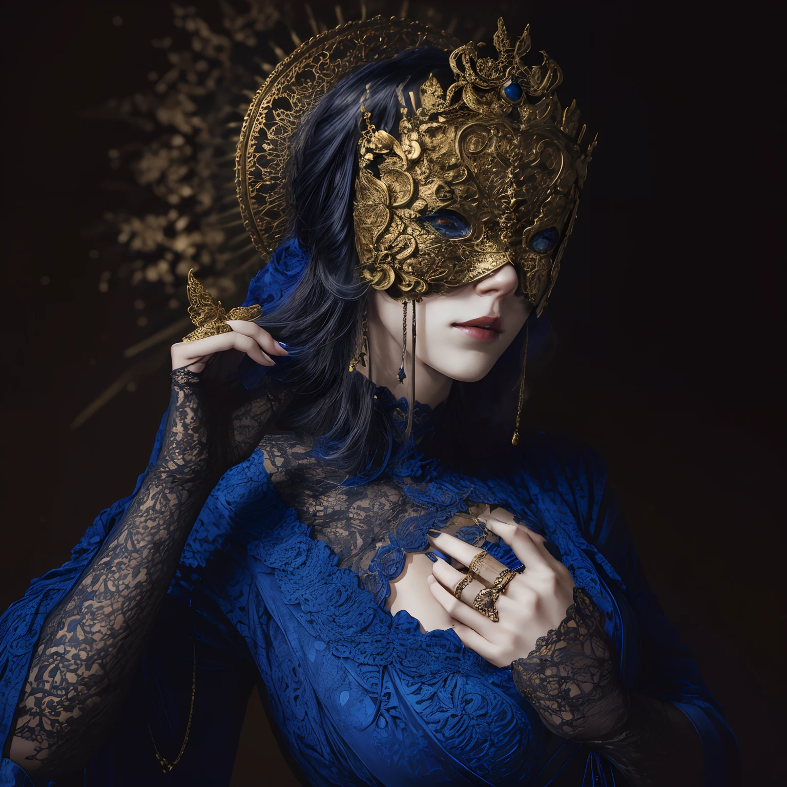 Modell majicMIX Horror ,blinde maske,Detailoptimierung L ,
Frau mit goldener Blindmaske,Gekleidet in ein blaues Gothic-Kleid mit Spitze , Die Ringe an ihren vier Fingern sind sichtbar , Und die Brüste sind sichtbar, wie Jody Gasson , Vorderlicht , sehr detailliert,1 Frau , V0id (Meisterstück: 1.3), (Best_Qualität: 1.3), (Ultra_ausführlich: 1.3), 8K, äußerst_Natürlich, Realismus, (ultrarealistisch: 1.3), Färbung, Schön, HDR, PhotoRealistenc, 
Realisten,