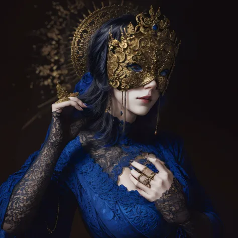 model
majicmix horror ,blind mask,детальный твикер l ,
woman in golden blind mask,dressed in a blue gothic dress with lace , the...