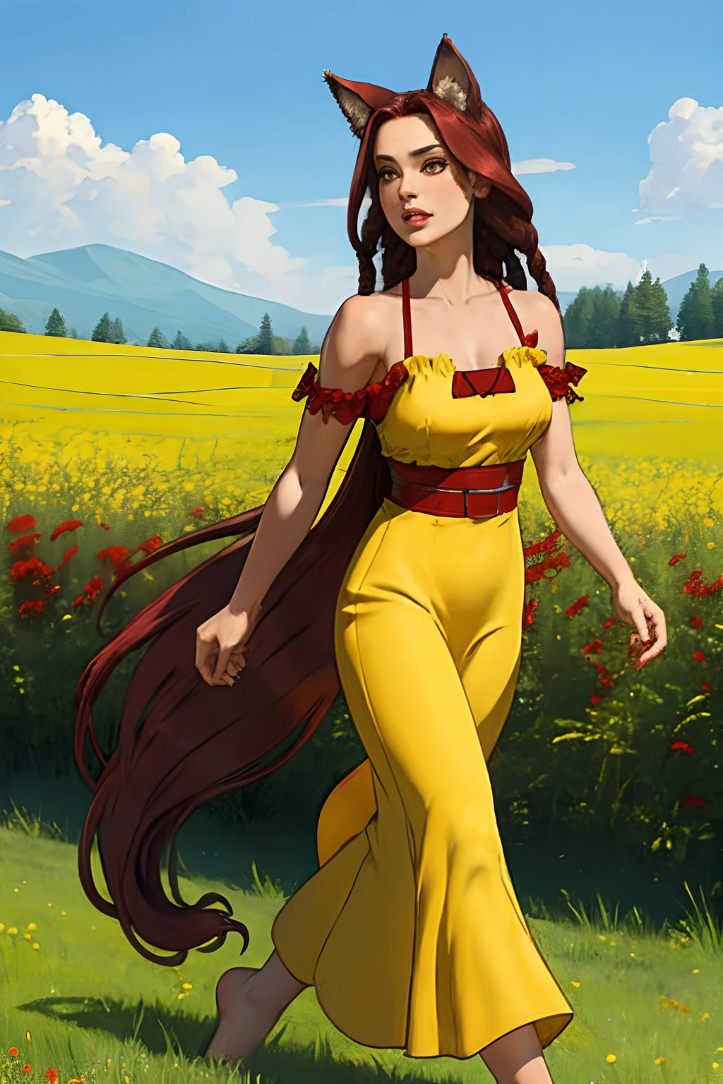 Jennifer como yshtola, Cabelo cor de vinho, penteado dreadlock longo, vestido de verão amarelo, Neko Orelhas, cauda de Neko cor de vinho, caminhando no prado