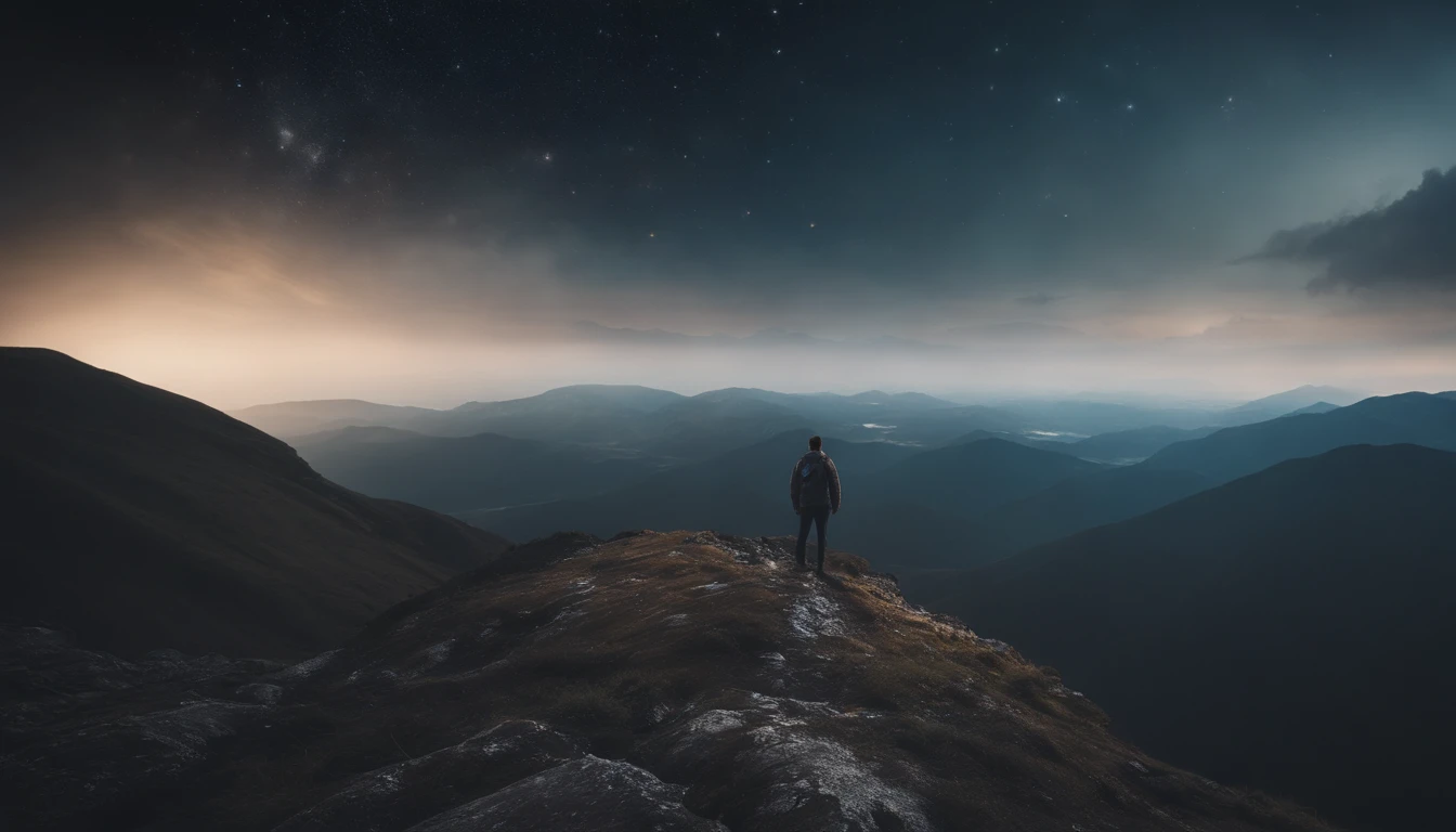 Una imagen de una persona parada en la cima de una montaña., mirando al cosmos, con una sensación de asombro y claridad.