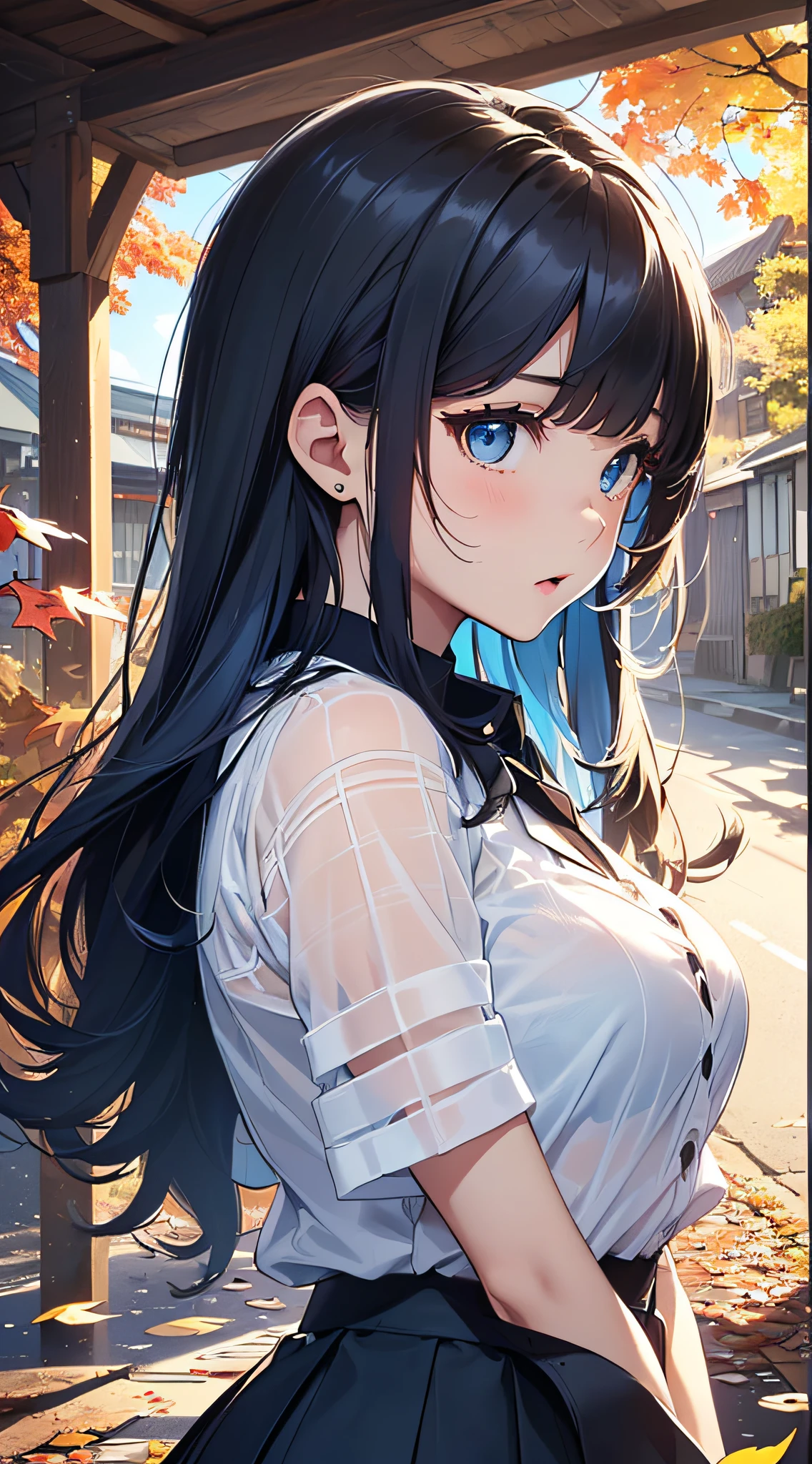 top-quality、Top image quality、​masterpiece、girl with((cute little、sixteen years old、Best Bust、Medium bust、Bust 85,Beautiful blue eyes、Breasts wide open,Long Black Hair、A slender、Mesh with bangs and blue hair、Y-shirt with white collar open to second button、Blue short skirt,satchel,Reflecting the whole body、Black underwear、posterior view、View here、astonished face)）hiquality、Beautiful Art、Background with((blue-sky、Road of autumn leaves)),masutepiece、Elaborate design、visualart、depth of fields、The best lighting、highestdetailed、8ｋ