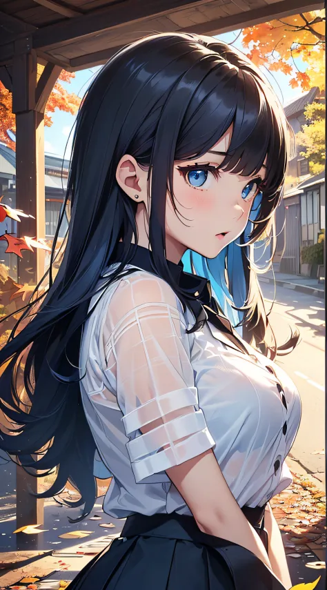 top-quality、Top image quality、​masterpiece、girl with((cute little、sixteen years old、Best Bust、Medium bust、Bust 85,Beautiful blue eyes、Breasts wide open,Long Black Hair、A slender、Mesh with bangs and blue hair、Y-shirt with white collar open to second button、...