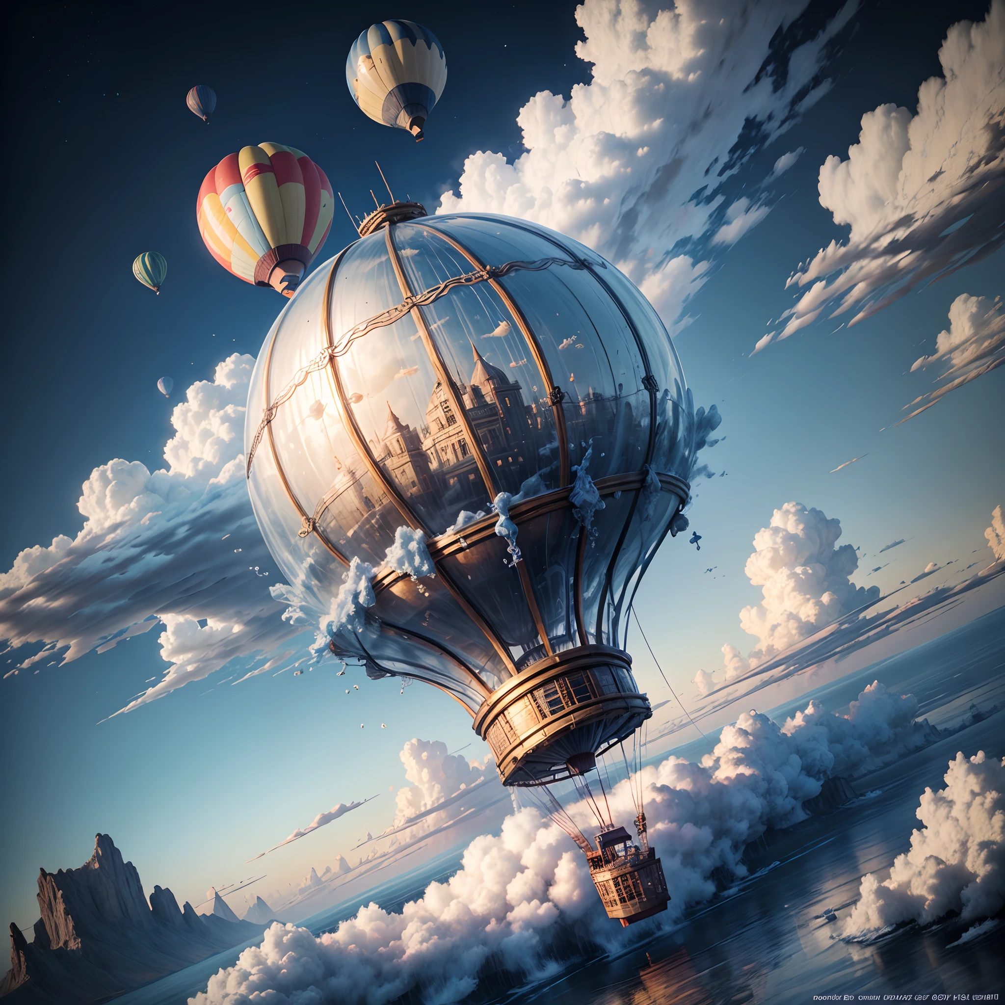 Balão de ar quente feito de água voando no céu, Nuvens, Halação, detalhes intrincados, 8K, 16K, mais alta qualidade, Resolução máxima, arte conceitual ultradetalhada, 24K Ultra HD, Resolução FHD