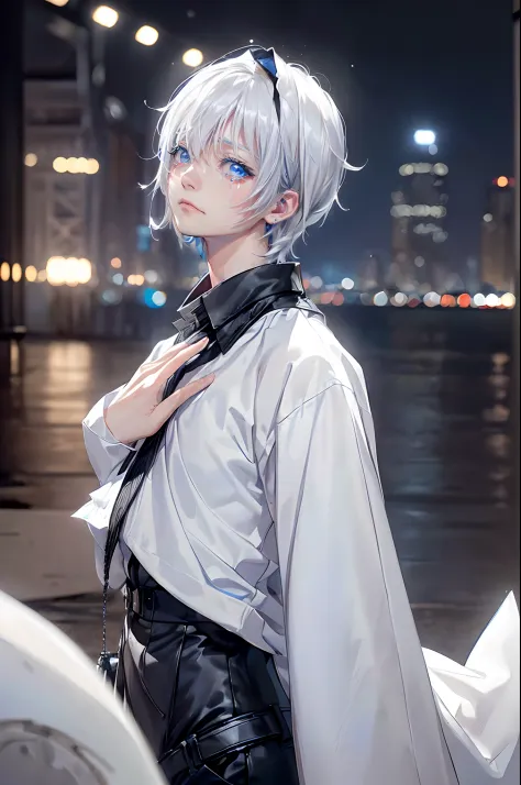 ((4K works))、​masterpiece、(top-quality)、One beautiful boy、Slim body、tall、((Black Y-shirt and white pants、Charming British knight style))、Please wear one jacket、(Detailed beautiful eyes)、Fantastic Night City、((City under the stars))、Fantastic city at midnig...