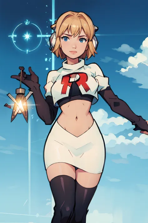 fioramechon, rocket,team rocket uniform, red letter r, white skirt,white crop top,black thigh-highs,black elbow gloves,