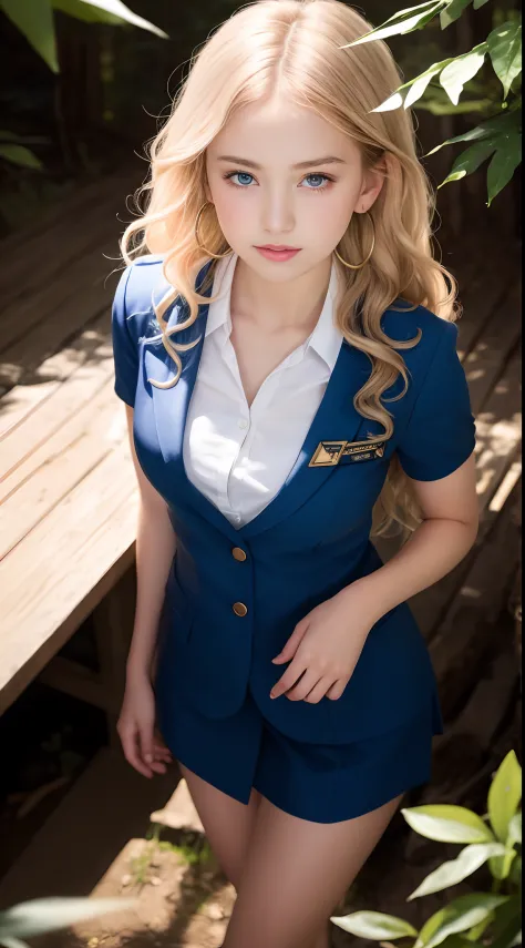((preteen)), Beautiful Girl, Model body, Big blue eyes, Small breasts, Long legs, Medium Hoop Earrings, Flight attendant uniform...