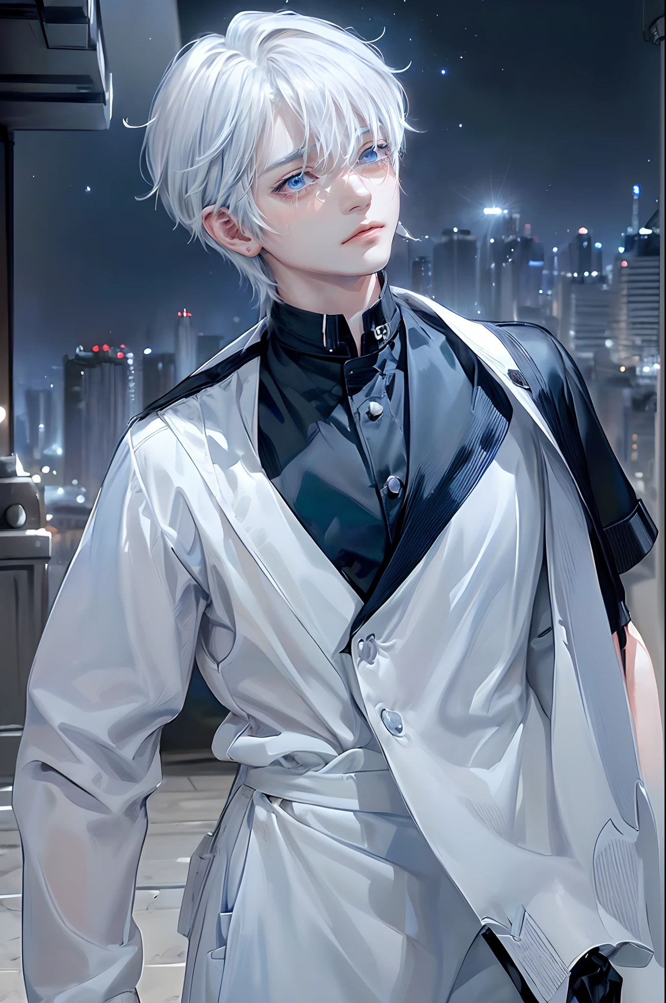 ((4K works))、​masterpiece、(top-quality)、One beautiful boy、Slim body、tall、((Black Y-shirt and white pants、Charming British knight style))、Please wear one jacket、(Detailed beautiful eyes)、Fantastic Night City、((City under the stars))、Fantastic city at midnight、((Face similar to Carly Rae Jepsen))、((Short-haired white hair))、((Smaller face))、((Neutral face))、((Bright blue eyes))、((American adult male))、((Adult male 26 years old))、((Cool Men))、((Like a celebrity))、((Crying expression))、((sad look))、((Korean Makeup))、((elongated and sharp eyes))、((Happy dating))、((boyish))、((Upper body photography))、Professional Photos、((Shot alone))、((She is looking up at the sky under the roof))、((Shot from the side))、((Crying profile))、((Face crying in pain))、((He is looking upwards))、((His eyes are looking down))、((He stands next to the viewer))、((He who cries))、I'm crying on a stick.、Man crying while standing、Solitude、saddened、desolate、suffocating、heartbreaking、auw